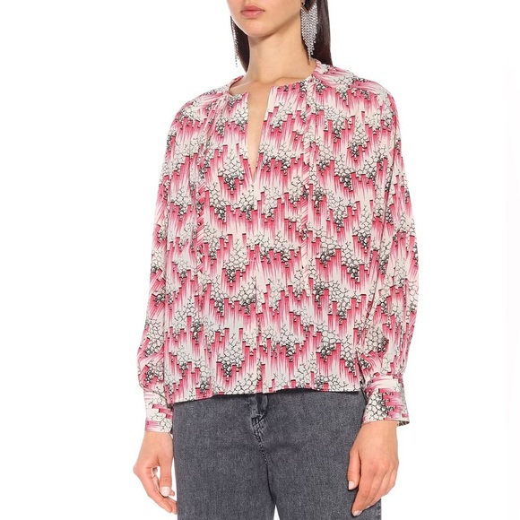 NWOT ISABEL MARANT Amba Printed Silk-Blend Crepe Blouse Pink Tie Neckline 4 - Picture 1 of 15
